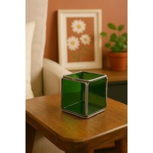 Vintage Green Stained Glass Cube Candle Holder Decorative Glass Accent